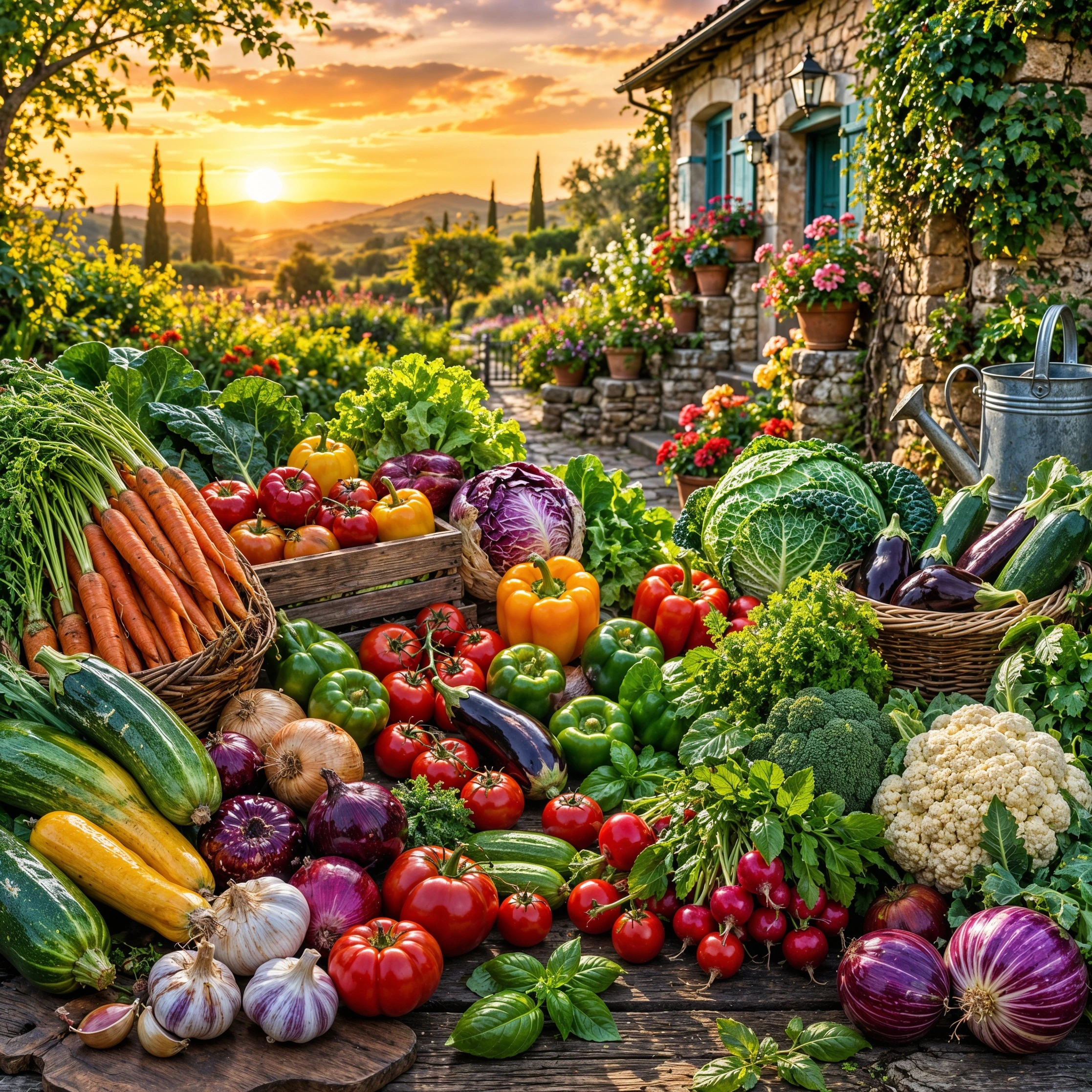 A rustic stone villa with blue shutters surrounded by flowering plants overlooks a valley filled with cypress trees at sunset, with abundant fresh vegetables and herbs arranged in baskets in the foreground.