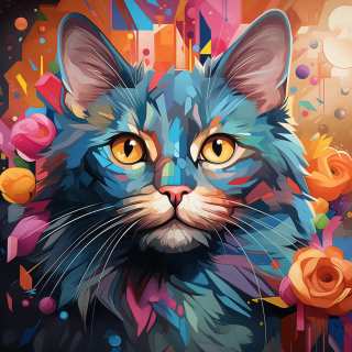 Vibrant digital illustration of a cat's face with striking yellow eyes, surrounded by colorful roses and abstract geometric shapes.