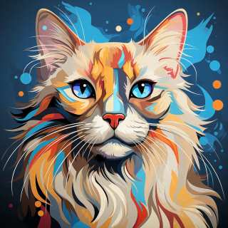 Artistic colorful portrait of a Balinese cat with glowing blue eyes and elegant fluffy fur.