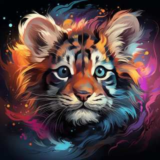 Vibrant digital portrait of a baby tiger cub with glowing blue eyes and colorful fur effects.