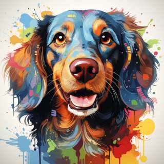 A close-up, vibrant, artistic illustration of a long-haired dog's face with colorful fur and paint splatters.