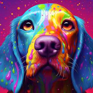 A close-up, vibrant portrait of a beagle dog with fur covered in an explosion of bright, colorful paint splatters.