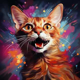 Vibrant digital artwork of a playful Chausie cat with expressive face and colorful splash background.