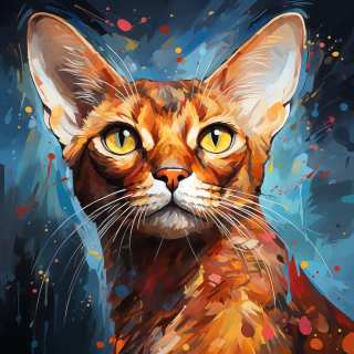 Detailed colorful portrait of an Abyssinian cat with glowing amber eyes and artistic abstract background.