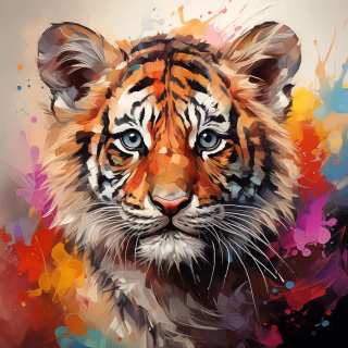 Bright colorful portrait of a baby tiger cub with vivid orange fur and abstract splash effects.