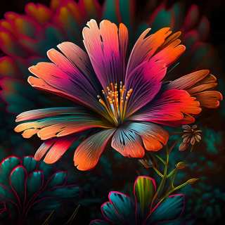 A vividly colored digital illustration of a lewisia flower with pink, orange, and purple petals surrounded by teal foliage.