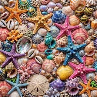 Overhead view of various seashells, starfish, sea urchins, and coral arranged densely together in multiple colors including pink, orange, blue, yellow, and white