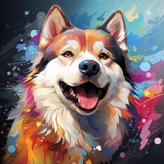 Colorful digital illustration of a smiling Akita dog with vibrant paint splash effects surrounding its face.