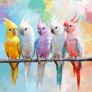 Five Cockatoos on a Perch