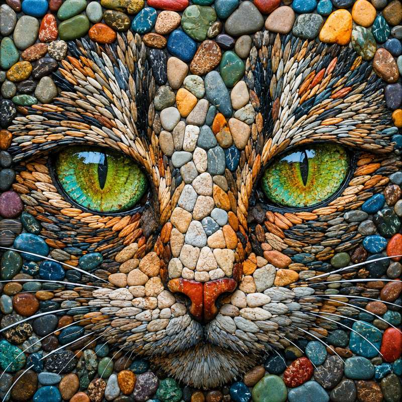 A cat's face made of colorful stones and pebbles, featuring bright green eyes with vertical pupils, an orange nose, and detailed fur texture created from tan, black, and white stones arranged in a mosaic pattern.
