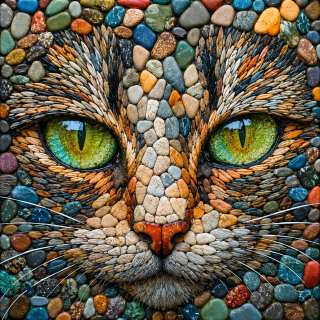 A cat's face made of colorful stones and pebbles, featuring bright green eyes with vertical pupils, an orange nose, and detailed fur texture created from tan, black, and white stones arranged in a mosaic pattern.