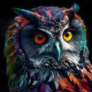 Dramatic digital painting of an owl with glowing orange eyes and dark colorful feather details.