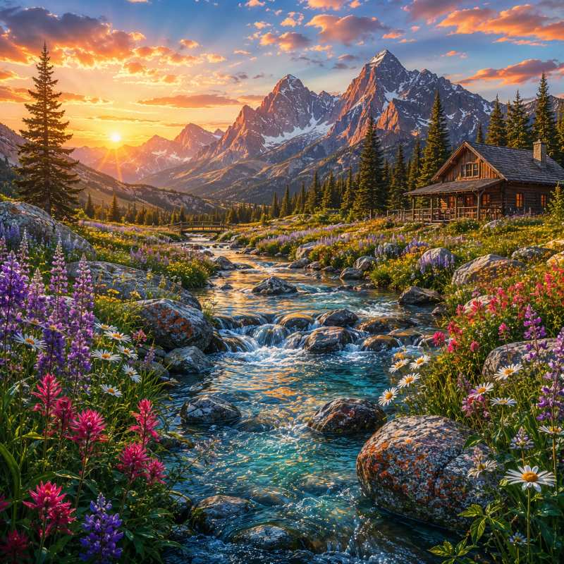 A mountain valley at sunset with a wooden cabin beside a flowing stream, surrounded by purple and pink wildflowers, evergreen trees, and jagged peaks in warm evening light