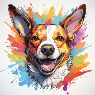 Colorful digital portrait of a happy Basenji dog with bright abstract paint splash background.