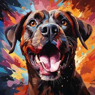 Vibrant digital illustration of a happy Boxer dog with colorful abstract paint splash background.