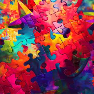 Bright colorful jigsaw puzzle pieces arranged in an abstract vibrant composition.