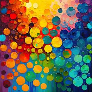 Bright abstract composition of colorful rainbow dots and circles with vibrant layered textures.