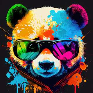 Bright colorful vector portrait of a panda wearing reflective sunglasses in pop-art style.