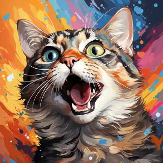 Playful colorful portrait of an American Wirehair cat with surprised expression and abstract background.