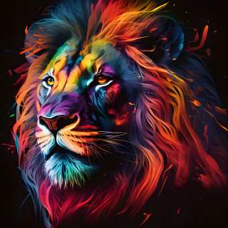 Colorful digital illustration of a lion's face with a vividly painted mane in rainbow hues against a black background.