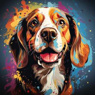 Vibrant digital portrait of a happy Beagle dog with colorful abstract paint splash effects.