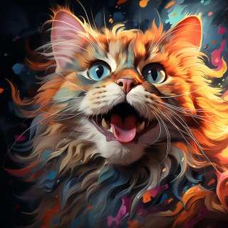 Bright digital illustration of a playful Bambino kitten with colorful glowing fur and abstract background.