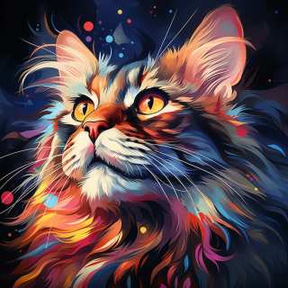 Bright digital portrait of a fluffy Maine Coon kitten with glowing colorful fur and dramatic background.