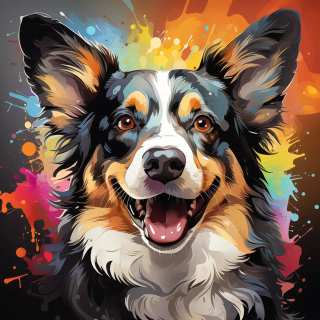 Artistic digital portrait of a smiling Cardigan Welsh Corgi with vivid colorful paint effects.