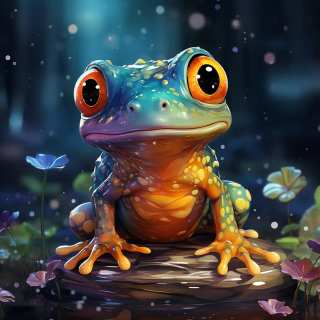 Cute colorful baby toad with large glowing eyes sitting in a fantasy forest scene.
