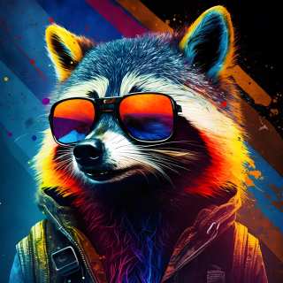 Cool raccoon portrait wearing sunglasses with colorful neon fur and abstract background.