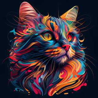 Artistic colorful portrait of a cat with flowing abstract fur patterns and glowing orange eyes.