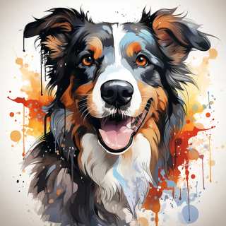 Artistic illustration of a smiling Border Collie with vivid paint splash background and expressive eyes.