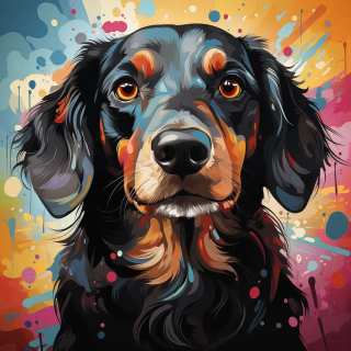 A stylized digital painting of a black and brown dog's face with a colorful, splattered background.