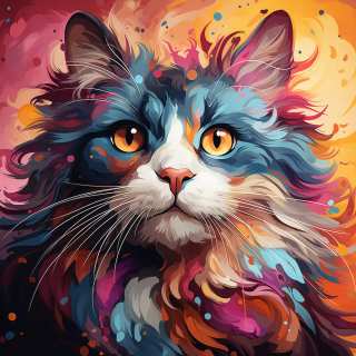 Vibrant digital painting of an American Curl cat with glowing eyes and colorful abstract effects.