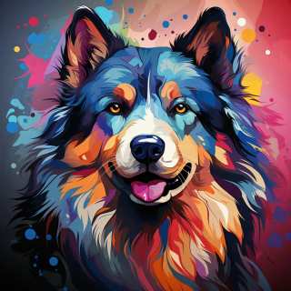 Artistic colorful portrait of an Alaskan Malamute dog with vivid fur details and abstract splashes.