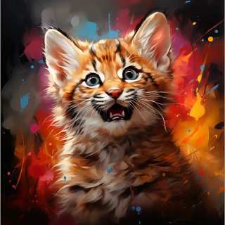 Cheerful digital painting of a baby bobcat kitten with warm glowing colors and playful expression.