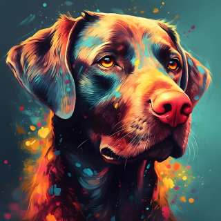 Colorful digital painting of a labrador retriever's face with vivid paint splatter effects in teal, orange, and pink tones.