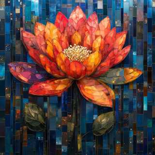 A stained glass mosaic artwork depicting a glowing red and orange lotus flower with detailed petals and golden stamens, surrounded by a blue and teal geometric tile background