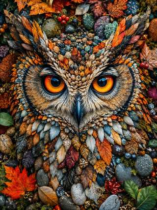 A detailed owl with golden eyes surrounded by autumn leaves, berries, stones, and moss in warm fall colors