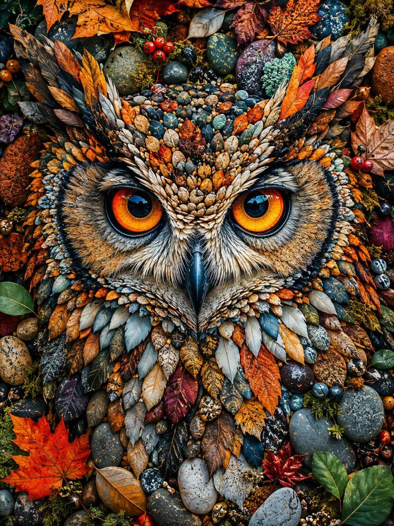 A detailed owl with golden eyes surrounded by autumn leaves, berries, stones, and moss in warm fall colors