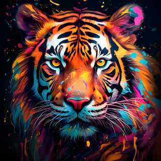 Vivid digital illustration of a tiger's face glowing with neon orange, pink, and teal colors against a black background with paint splatters.