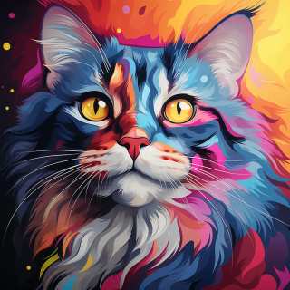 Vibrant digital illustration of a cat's face with curled ears, bright yellow eyes, and multicolored fur in blues, pinks, and oranges.