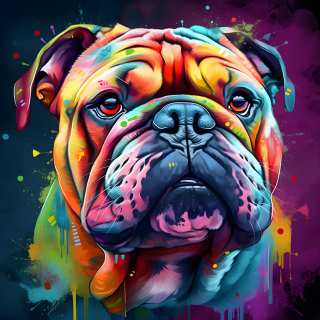 Bold colorful digital portrait of a bulldog with vivid neon paint effects and expressive face.
