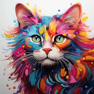An abstract, digital art portrait of a cat with its fur rendered in bright, vibrant splashes and blocks of multiple colors, and piercing green eyes.