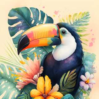 Colorful digital illustration of a toucan with a vibrant beak surrounded by tropical leaves and flowers.