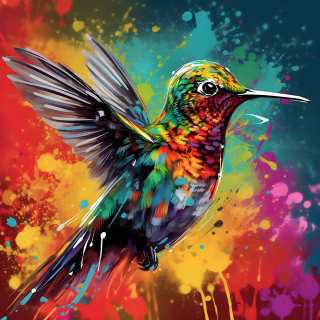 Colorful illustrated hummingbird in flight with spread wings over an abstract paint-splatter background.