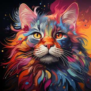 Vibrant portrait of a fluffy Maine Coon cat with colorful fur and glowing amber eyes.