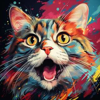 Colorful digital portrait of a surprised California Spangled cat with vibrant abstract paint splashes.