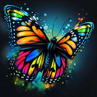 Vibrant digital illustration of a butterfly with multicolored wings featuring neon orange, pink, blue, and green hues against a dark splattered background.