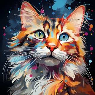 Bright digital painting of a fluffy California Spangled cat with vivid colorful fur and glowing blue eyes.